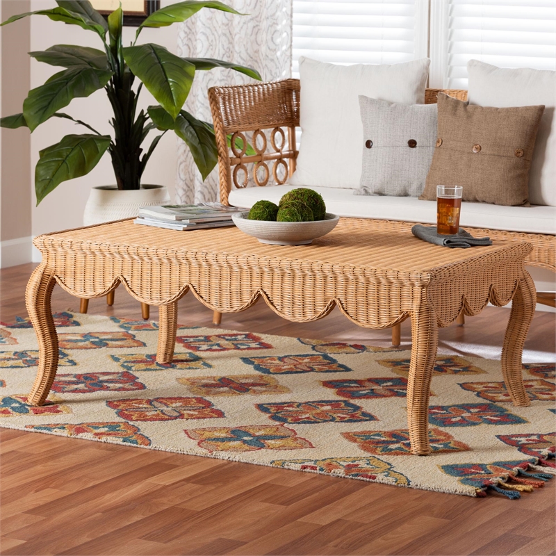 Pemberly Row Rattan Coffee Table with Scalloped Edge and Cabriole Legs
