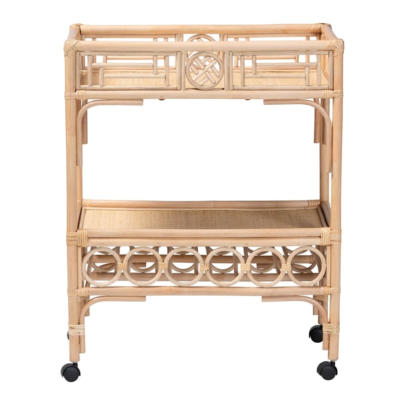 Pemberly Row Contemporary Rattan 2-Tier Wine Cart with 6-Bottle Storage