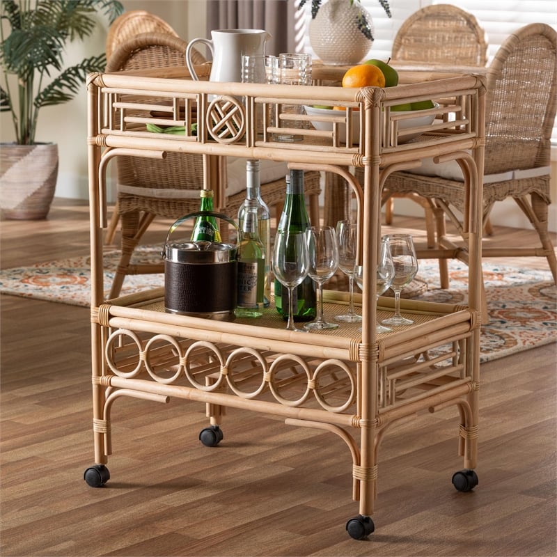 Pemberly Row Contemporary Rattan 2-Tier Wine Cart with 6-Bottle Storage