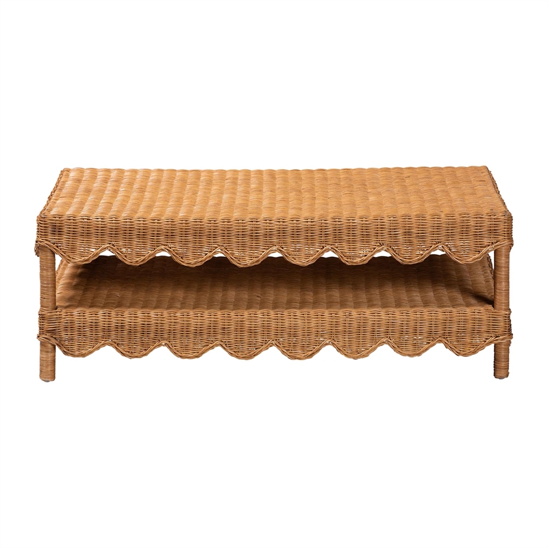 Pemberly Row Rattan 2-Tier Coffee Table with Scalloped Edges