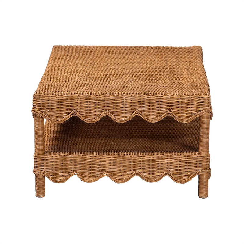 Pemberly Row Rattan 2-Tier Coffee Table with Scalloped Edges