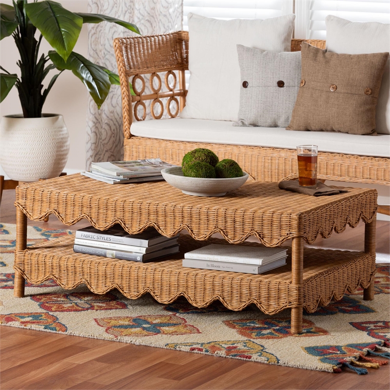 Pemberly Row Rattan 2-Tier Coffee Table with Scalloped Edges