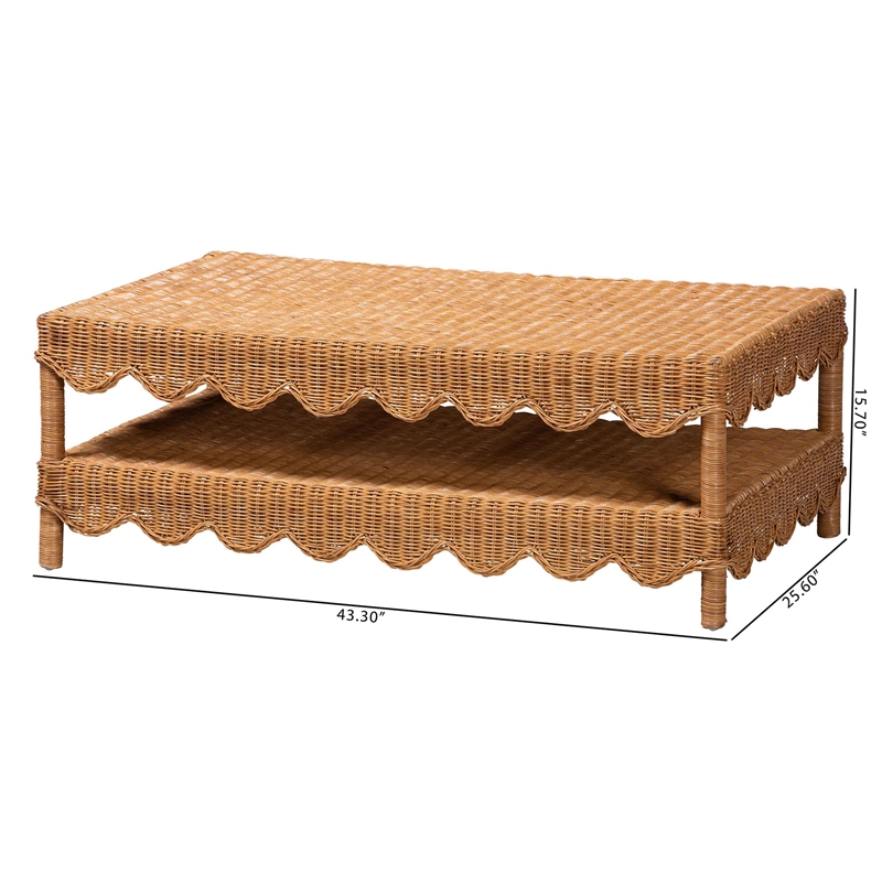 Pemberly Row Rattan 2-Tier Coffee Table with Scalloped Edges