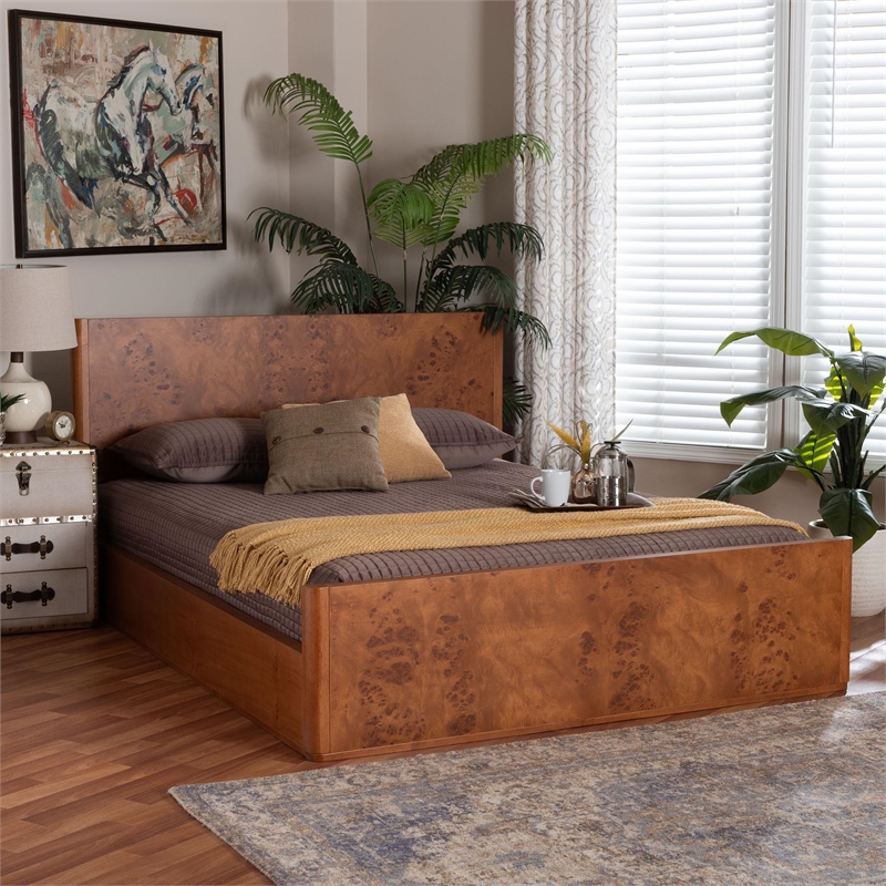 Pemberly Row Contemporary Burl Wood Low-Profile Queen Platform Bed Frame