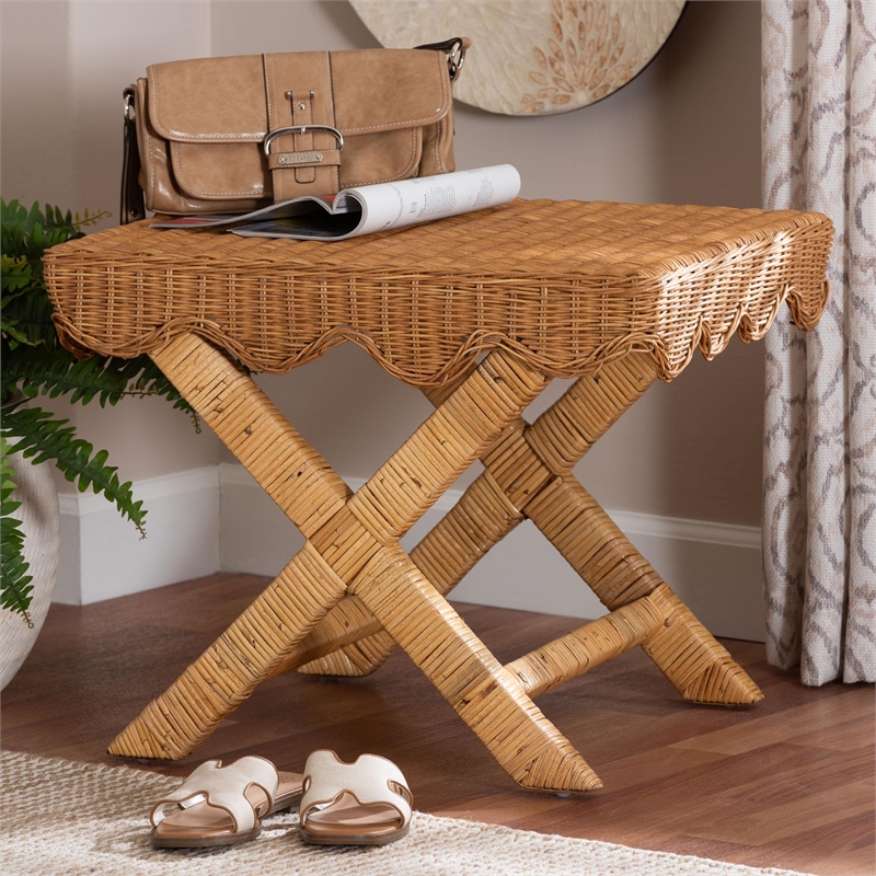 Pemberly Row Contemporary Rattan Accent Bench with Crisscross Base