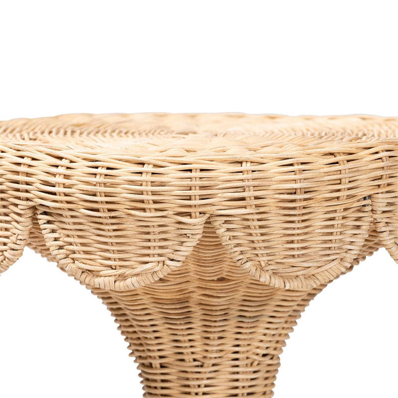 Pemberly Row Contemporary Rattan Tulip End Table with Scalloped Edge