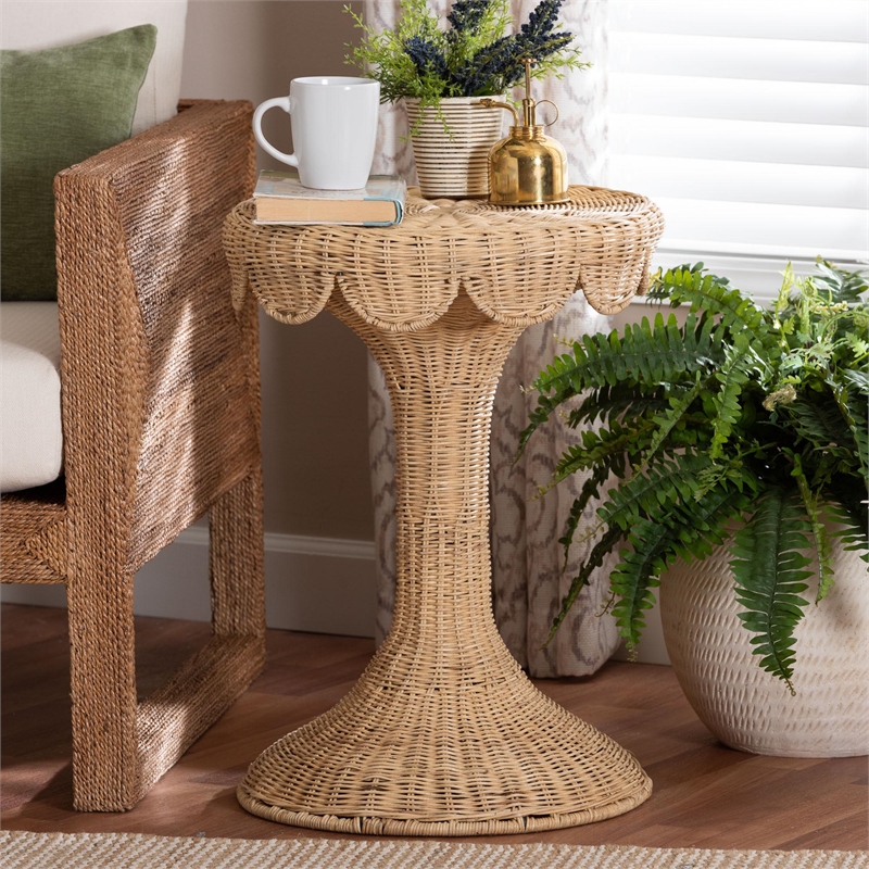 Pemberly Row Contemporary Rattan Tulip End Table with Scalloped Edge