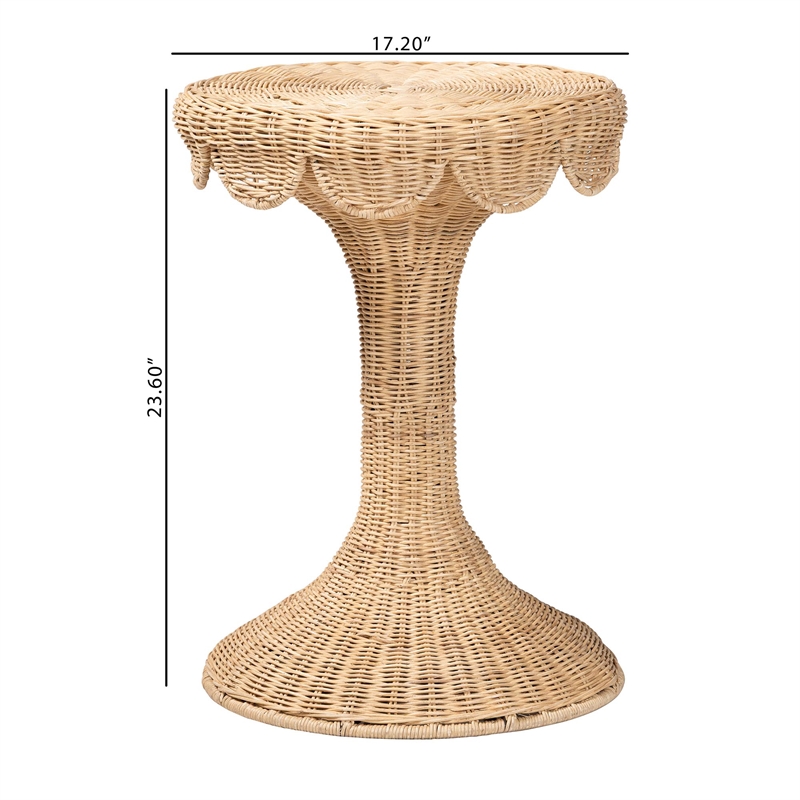 Pemberly Row Contemporary Rattan Tulip End Table with Scalloped Edge