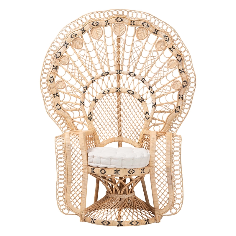 Pemberly Row Contemporary Rattan Peacock Chair with Fan Back and Cushion