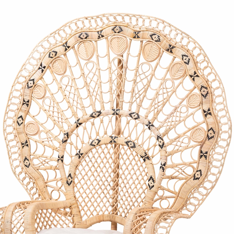 Pemberly Row Contemporary Rattan Peacock Chair with Fan Back and Cushion