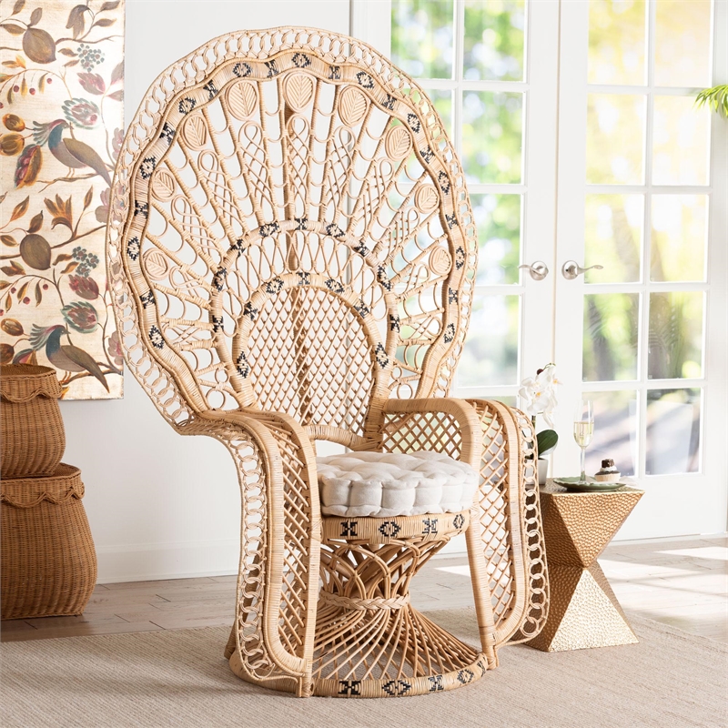 Pemberly Row Contemporary Rattan Peacock Chair with Fan Back and Cushion