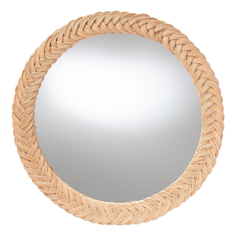 Pemberly Row Natural Rattan Round Wall Mirror with Braided Frame