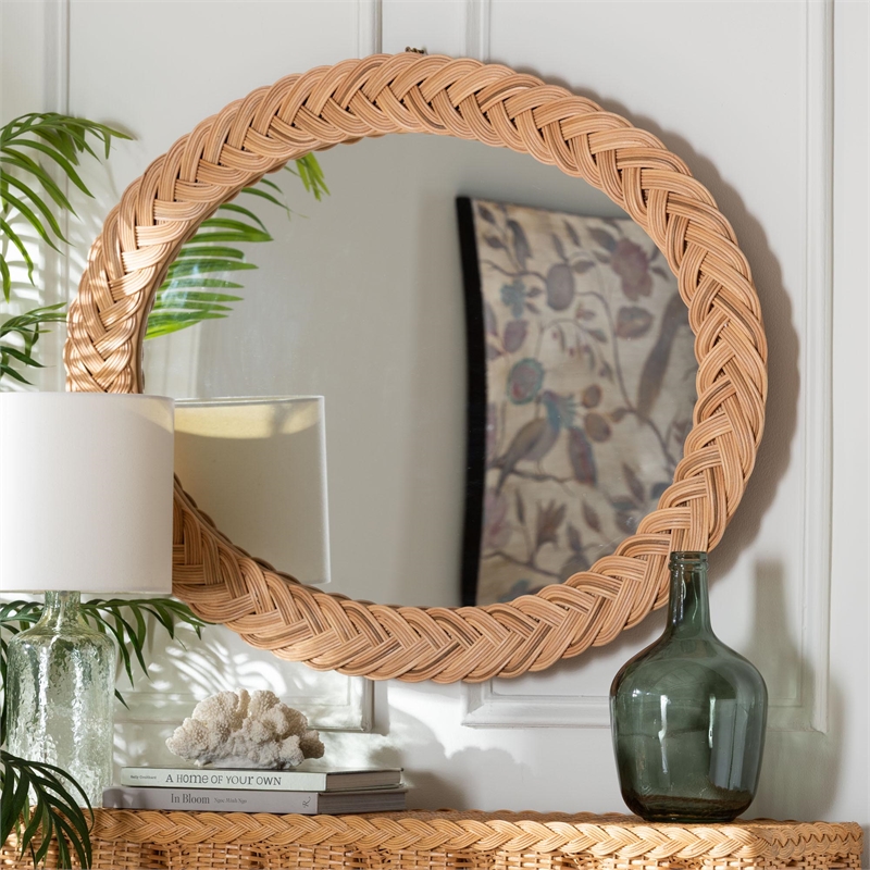 Pemberly Row Natural Rattan Oval Wall Mirror with Braided Frame