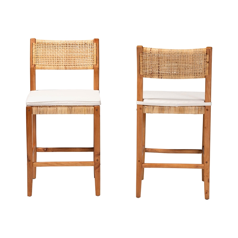 Pemberly Row Contemporary Rattan and Wood 2-Piece Counter Stool Set