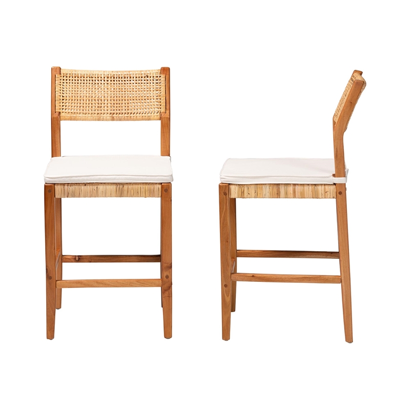 Pemberly Row Contemporary Rattan and Wood 2-Piece Counter Stool Set