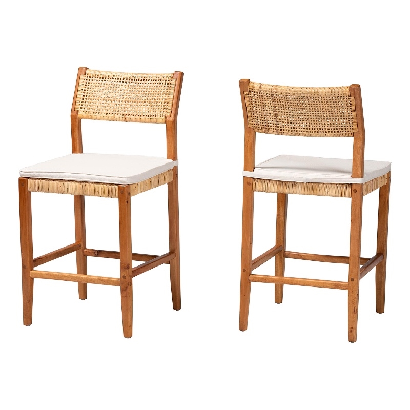 Pemberly Row Contemporary Rattan and Wood 2-Piece Counter Stool Set