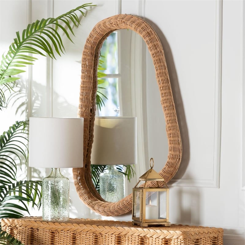 Pemberly Row Contemporary Rattan Irregular Shape Wall Mirror in Natural