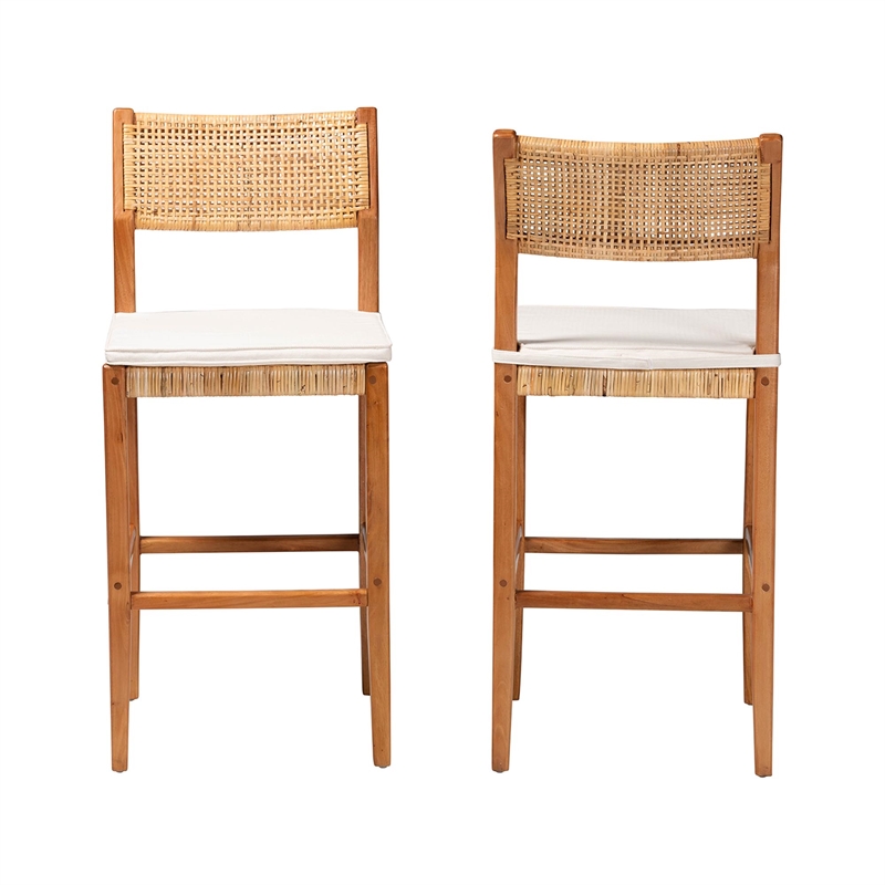 Pemberly Row Contemporary Rattan and Wood 2-Piece Bar Stool Set