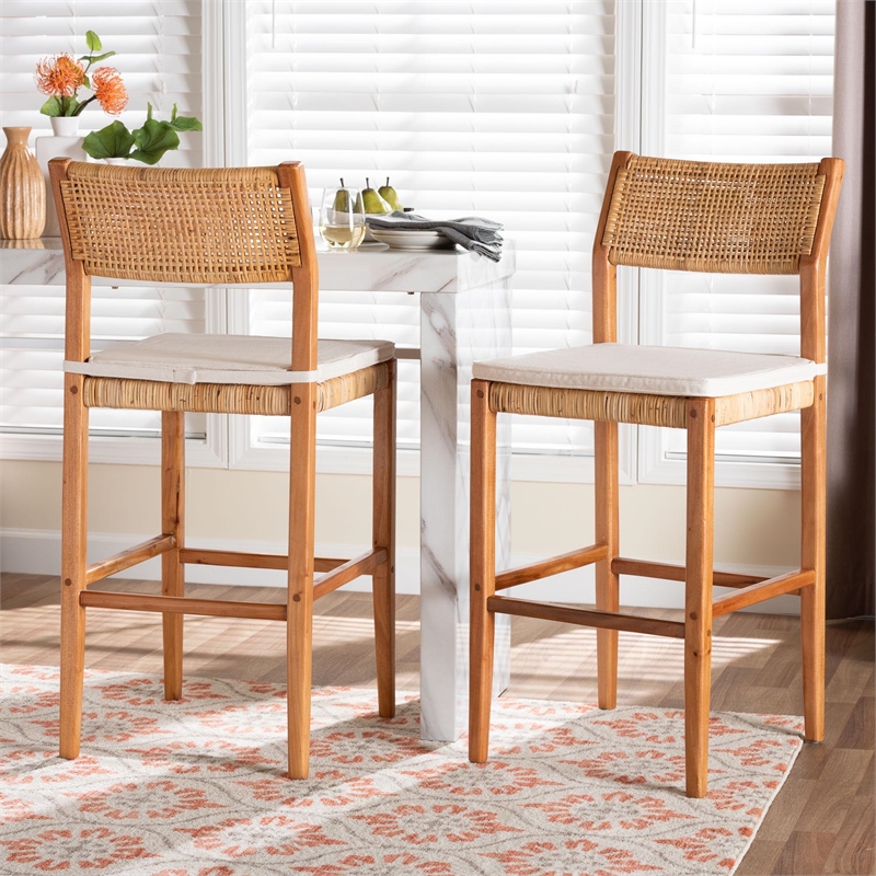 Pemberly Row Contemporary Rattan and Wood 2-Piece Bar Stool Set