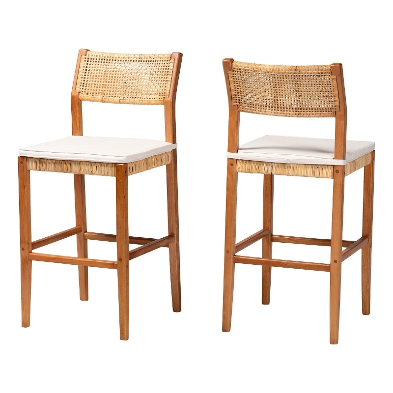 Pemberly Row Contemporary Rattan and Wood 2-Piece Bar Stool Set