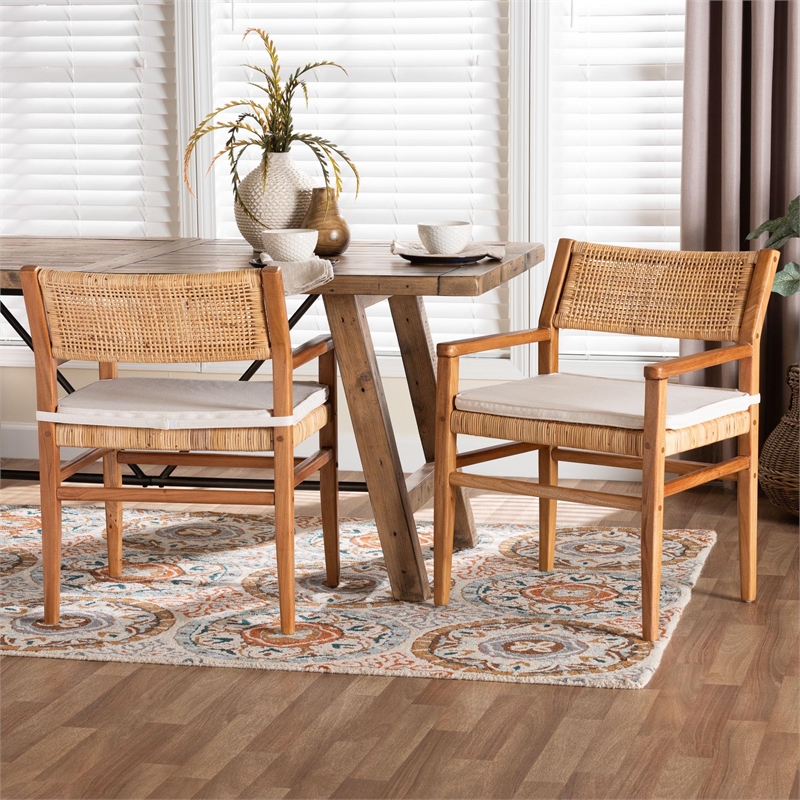 Pemberly Row Rattan and Mahogany 2-Piece Dining Armchair Set
