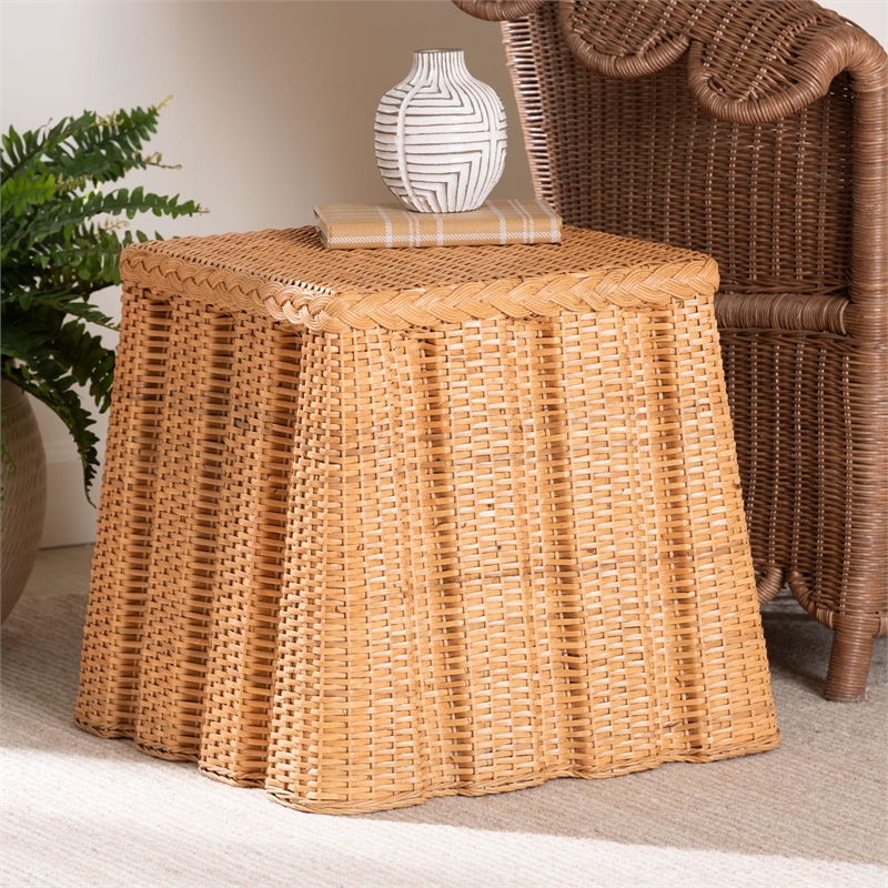 Pemberly Row Contemporary Rattan Pleated End Table with Braided Detail