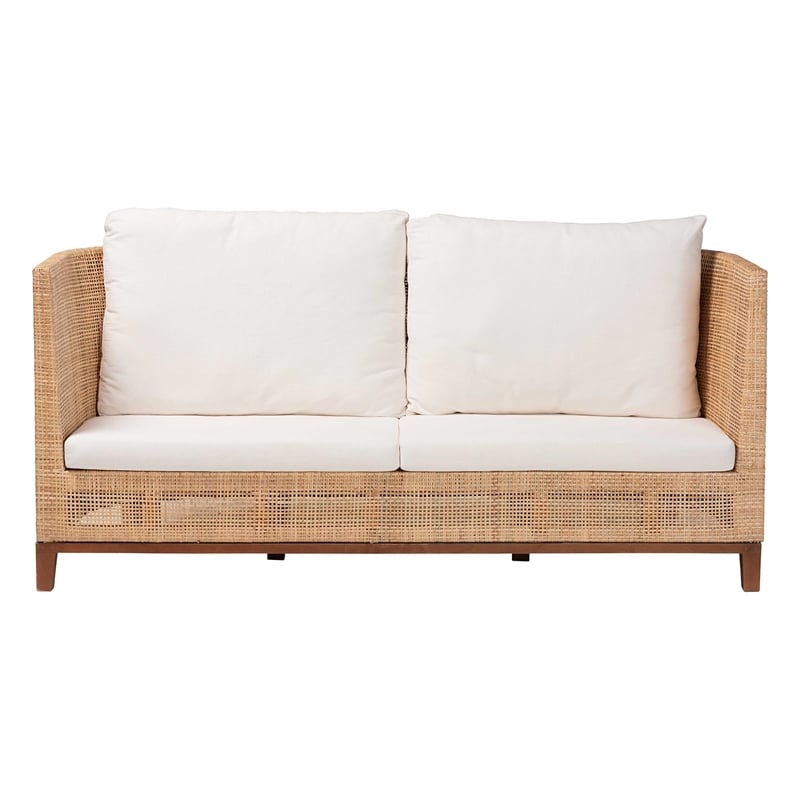 Pemberly Row Contemporary Rattan Tuxedo Sofa with Upholstered Cushions