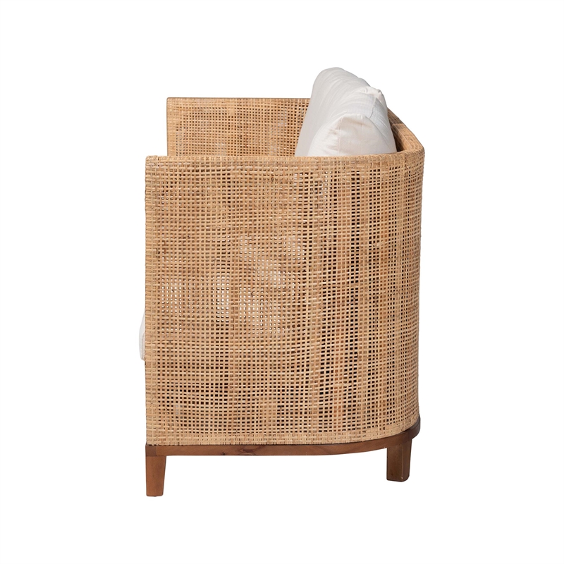 Pemberly Row Contemporary Rattan Tuxedo Sofa with Upholstered Cushions