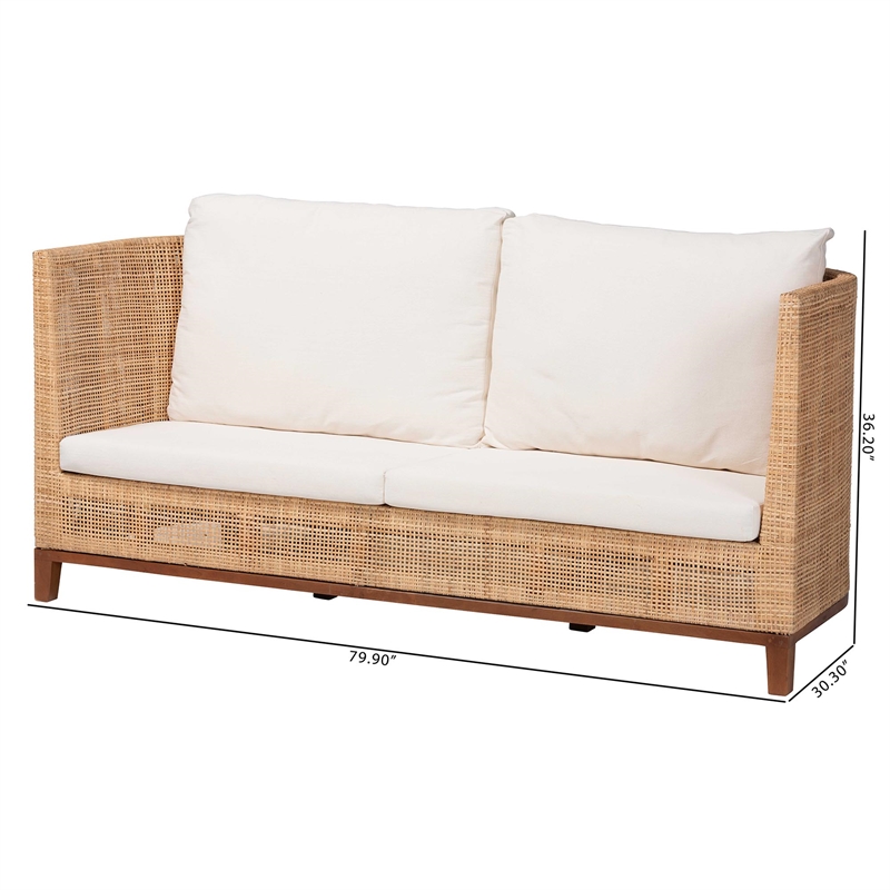 Pemberly Row Contemporary Rattan Tuxedo Sofa with Upholstered Cushions