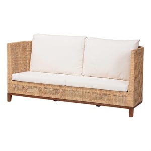 Pemberly Row Contemporary Rattan Tuxedo Sofa with Upholstered Cushions
