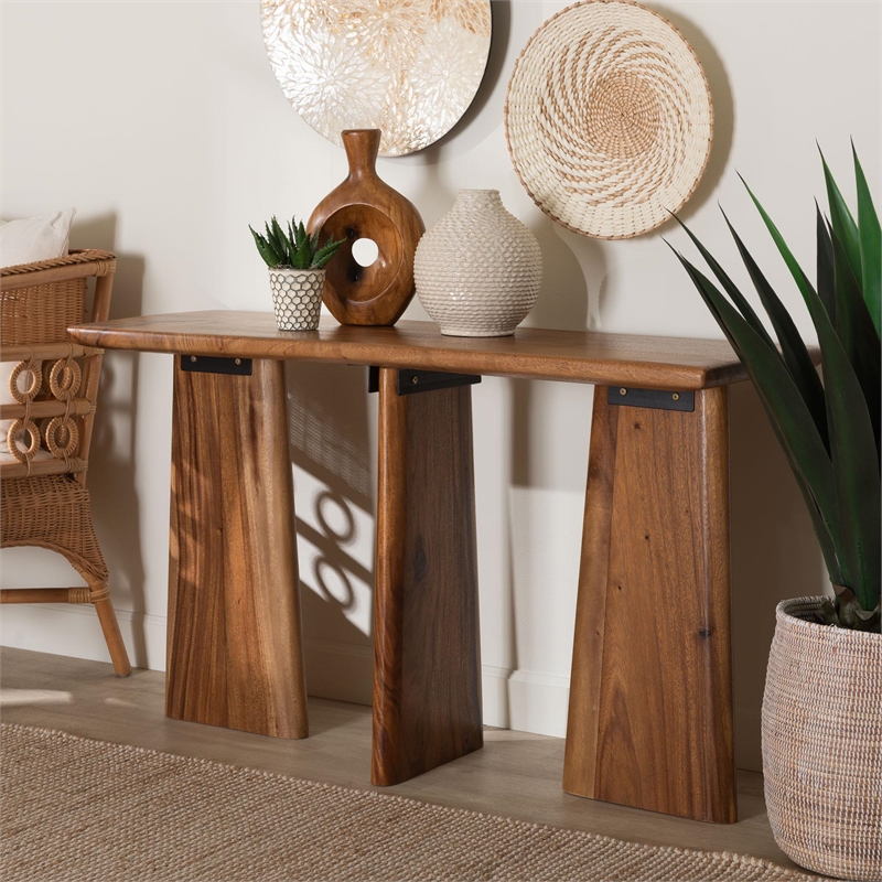 Pemberly Row Contemporary Suar Wood Live Edge Console Table - Fully Assembled