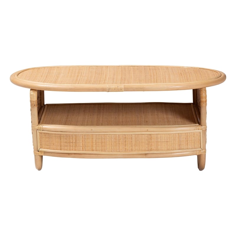 Pemberly Row Contemporary Oval Rattan Coffee Table with Open Shelf