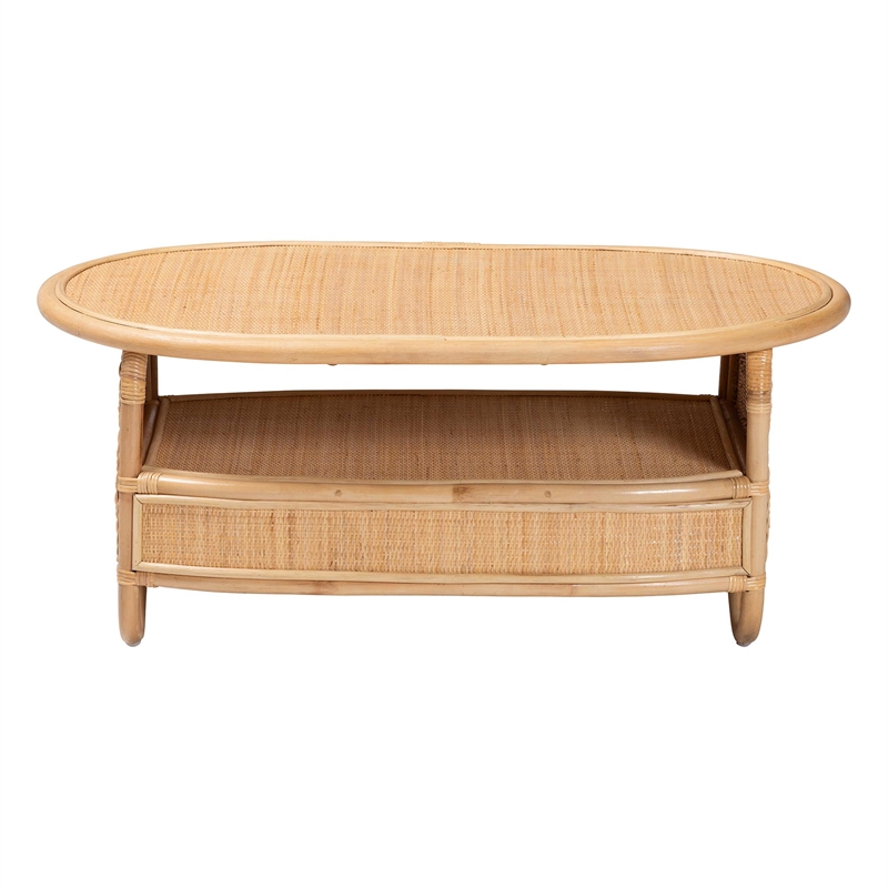 Pemberly Row Contemporary Oval Rattan Coffee Table with Open Shelf