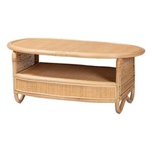Pemberly Row Contemporary Oval Rattan Coffee Table with Open Shelf