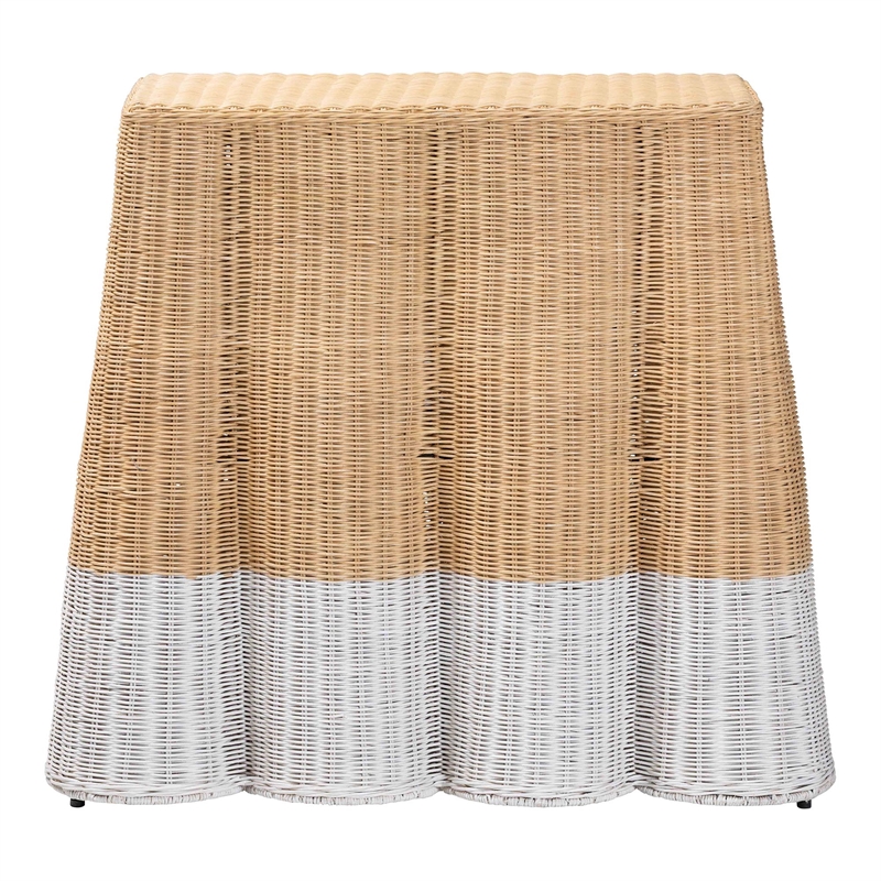 Pemberly Row Scalloped Rattan Console Table in White and Natural