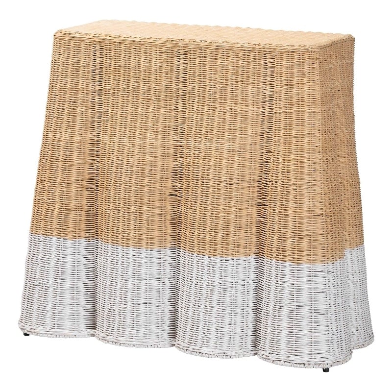 Pemberly Row Scalloped Rattan Console Table in White and Natural