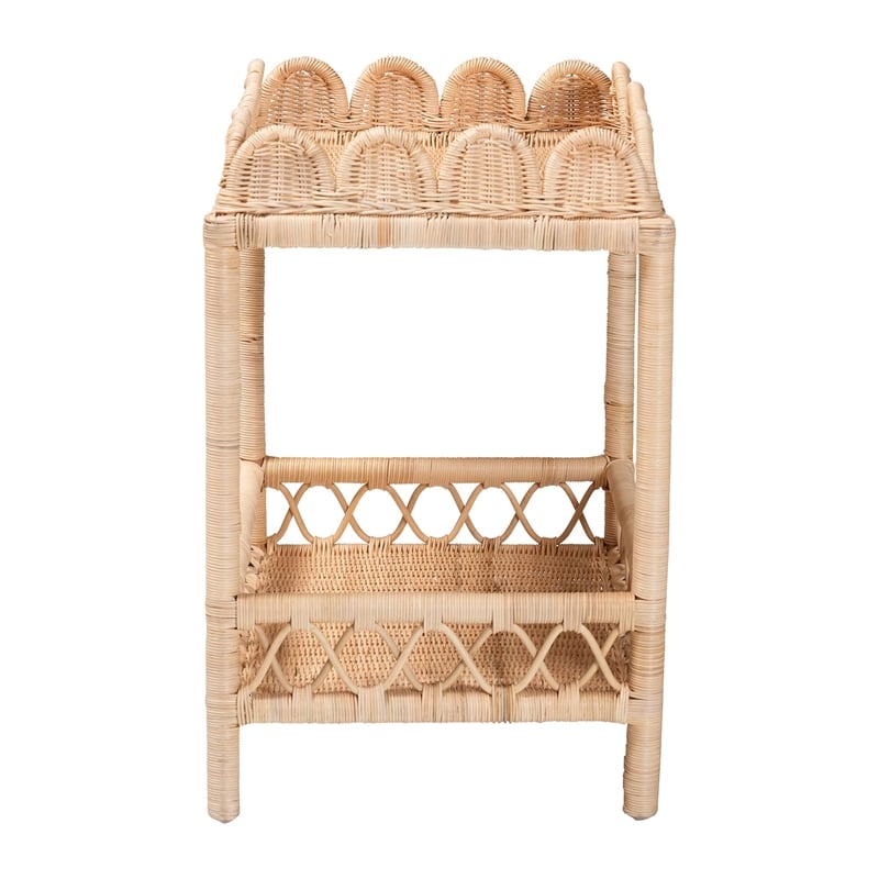 Pemberly Row Contemporary 2-Tier Scalloped Rattan End Table in Natural