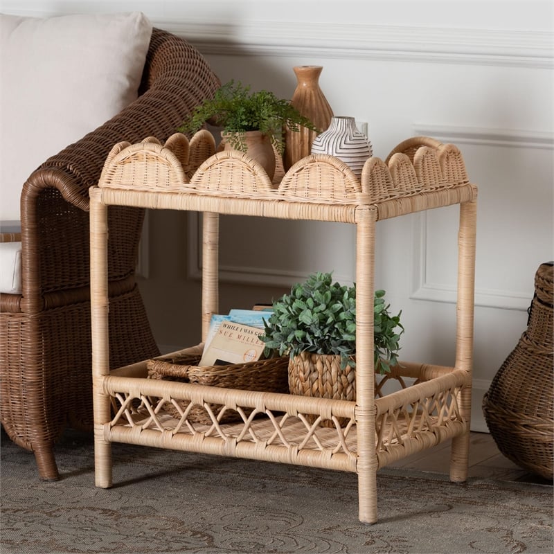 Pemberly Row Contemporary 2-Tier Scalloped Rattan End Table in Natural