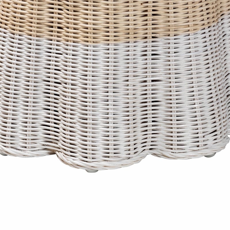 Pemberly Row Scalloped Rattan Round End Table in 2-Tone Natural