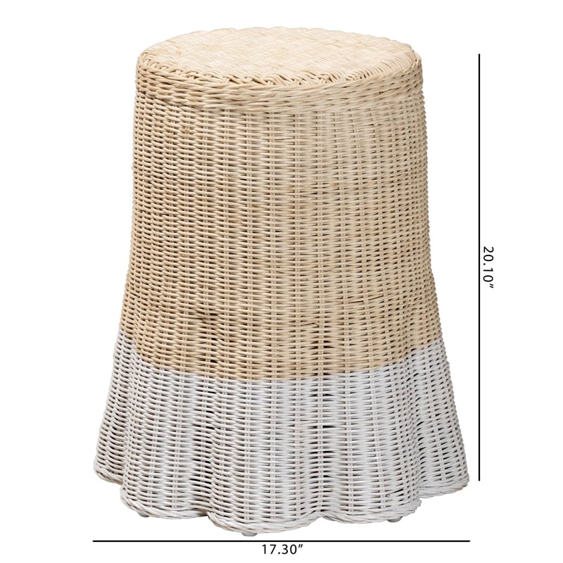 Pemberly Row Scalloped Rattan Round End Table in 2-Tone Natural