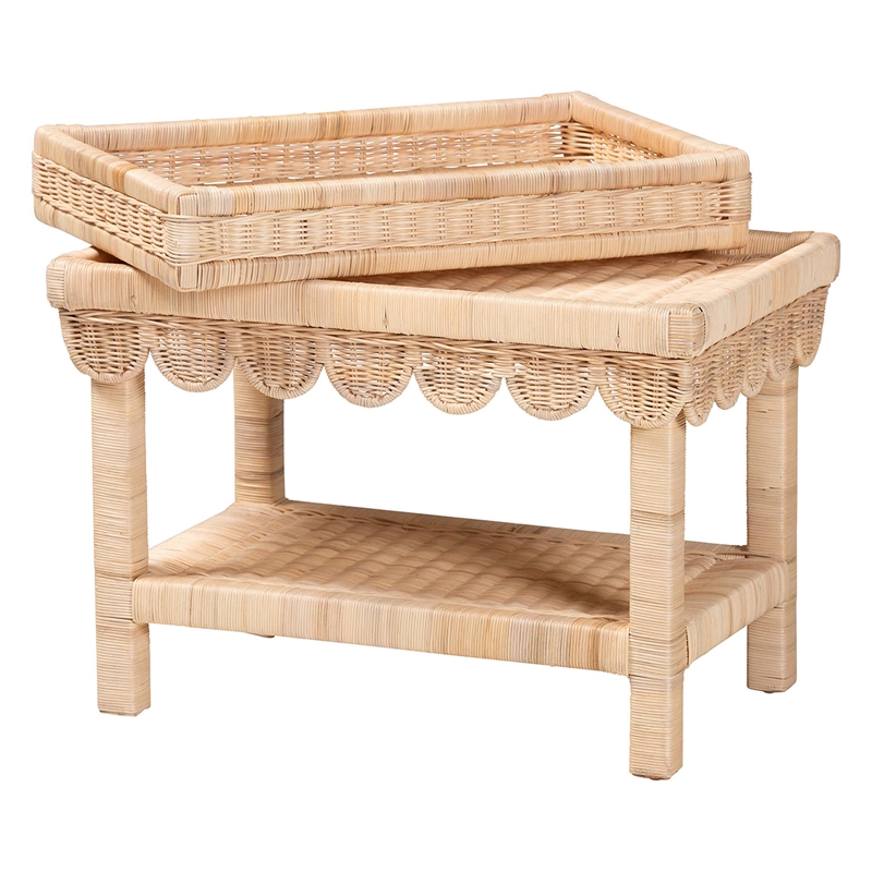 Pemberly Row Scalloped Rattan End Table with Removable Tray Top
