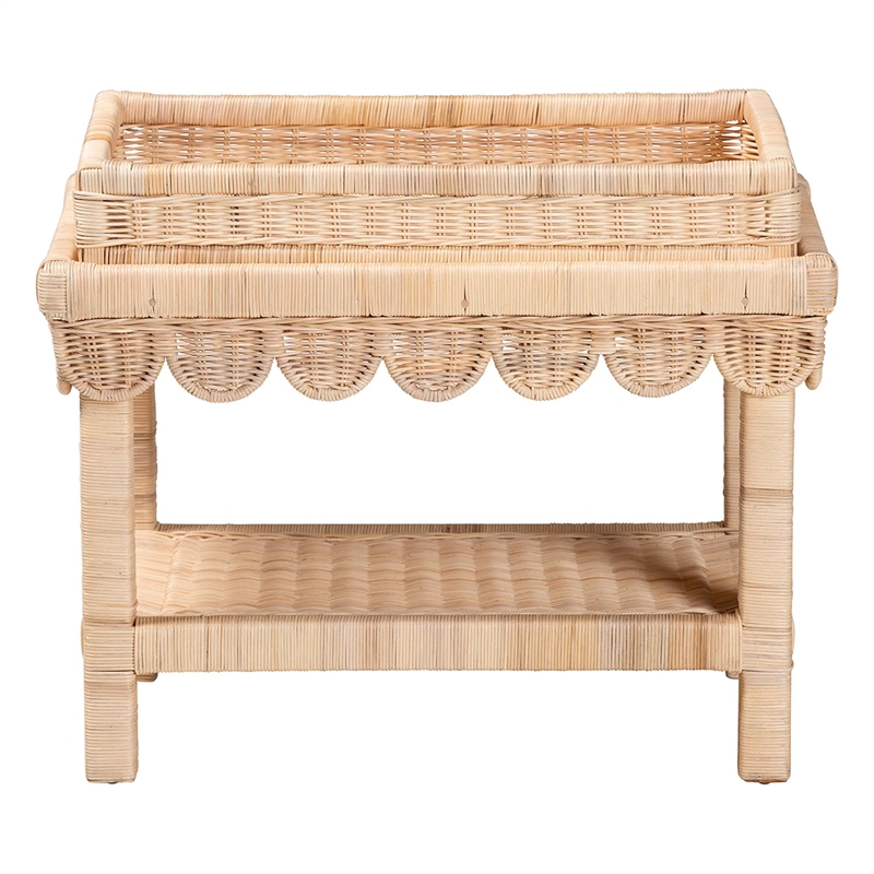 Pemberly Row Scalloped Rattan End Table with Removable Tray Top