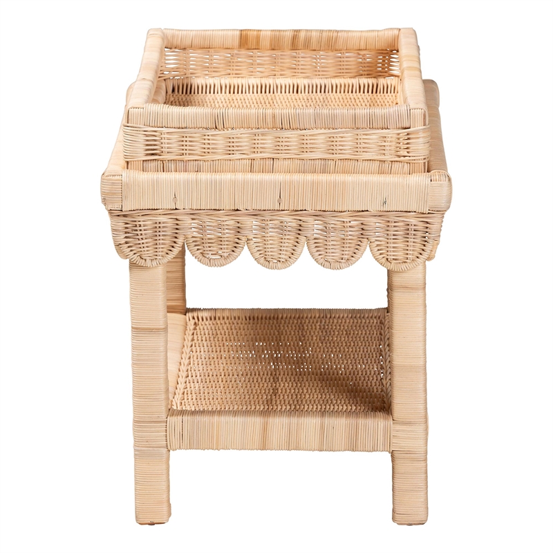 Pemberly Row Scalloped Rattan End Table with Removable Tray Top