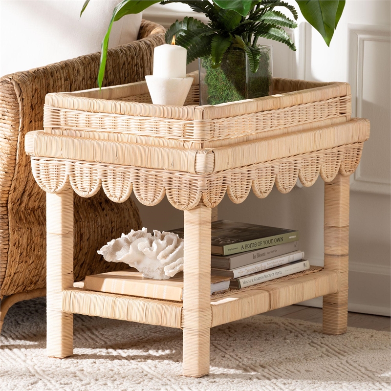 Pemberly Row Scalloped Rattan End Table with Removable Tray Top