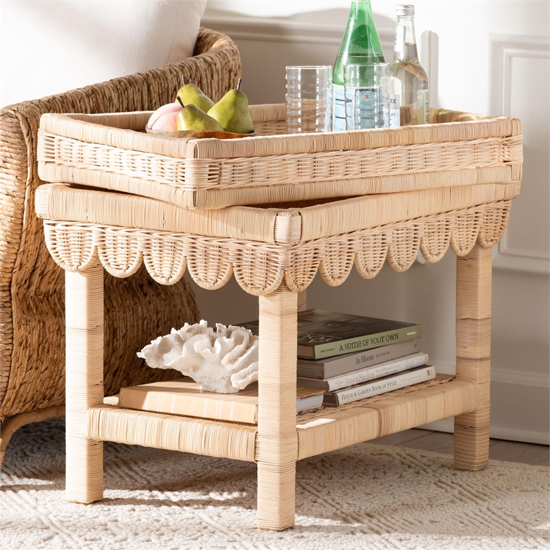 Pemberly Row Scalloped Rattan End Table with Removable Tray Top