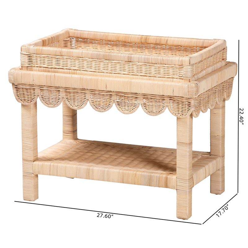 Pemberly Row Scalloped Rattan End Table with Removable Tray Top