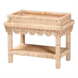 Pemberly Row Scalloped Rattan End Table with Removable Tray Top