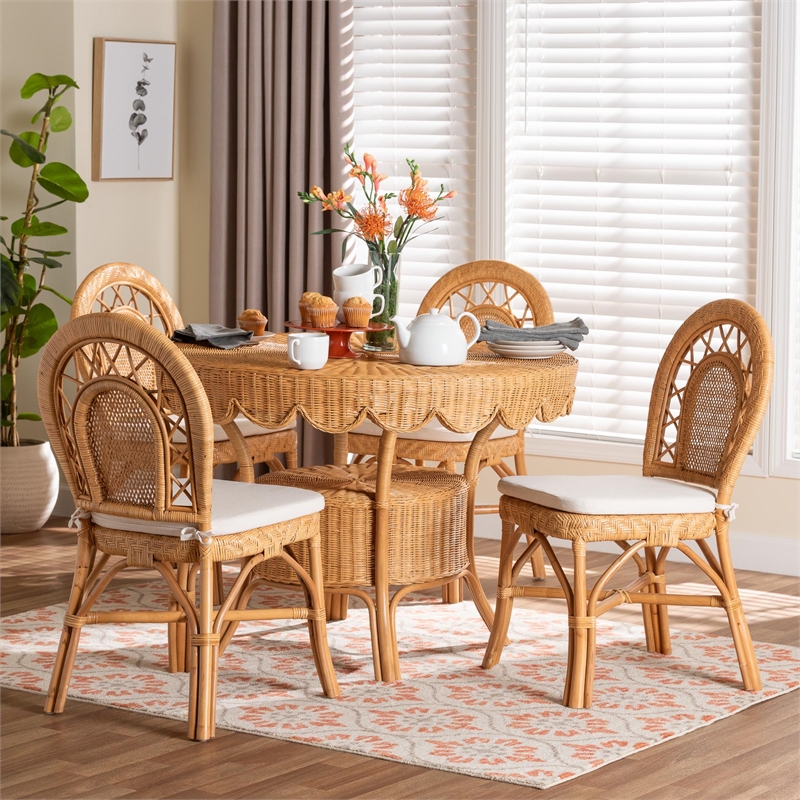 Pemberly Row Contemporary 5-Piece Rattan Dining Set with Scalloped Table