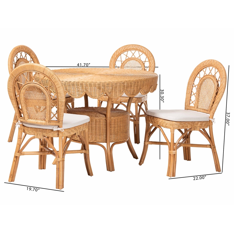 Pemberly Row Contemporary 5-Piece Rattan Dining Set with Scalloped Table