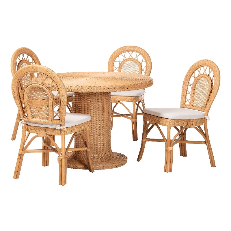 Pemberly Row Contemporary 5-Piece Rattan Dining Set with Braided Table